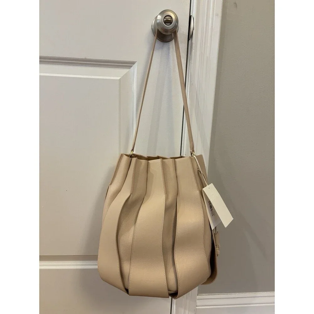 NWT Ulla Johnson Lotus Pleated Bucket Bag Purse Apple Blossom Brown Cream Tote - Picture 4 of 13